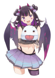 Rule 34 | 1girl, :d, absurdres, bare shoulders, black choker, black hair, bow, bridal gauntlets, choker, colored inner hair, crop top, cropped legs, demon girl, demon horns, demon wings, dongbu, facial mark, hair bow, hair rings, highleg, highres, horns, indie virtual youtuber, league of legends, looking at viewer, midriff, miniskirt, multicolored hair, navel, open mouth, pleated skirt, poro (league of legends), purple eyes, purple skirt, purple thighhighs, revealing clothes, short hair, single thighhigh, skirt, sleeveless, smile, solo, stomach, streaked hair, thighhighs, two-tone hair, virtual youtuber, wings