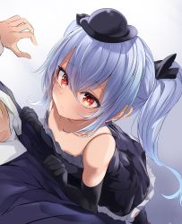 Rule 34 | 1boy, 1girl, bare shoulders, black gloves, black headwear, black ribbon, black thighhighs, blue hair, blush, closed mouth, crossed bangs, dress, elbow gloves, flat chest, frilled dress, frills, gloves, gradient background, granblue fantasy, grey background, hair between eyes, hair ribbon, hands on another&#039;s chest, hat, highres, leaning on person, long hair, looking at another, looking up, mamezou (tzakki023), orchis, red eyes, ribbon, simple background, solo focus, thighhighs, top hat, twintails