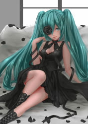Rule 34 | 1girl, alternate costume, arm support, arm up, black dress, black flower, black rose, boots, breasts, choker, deyezi, dress, flower, green eyes, green hair, hatsune miku, lipstick, long hair, looking at viewer, makeup, one eye covered, petals, pink lips, ponytail, ribbon, ribbon choker, rose, side ponytail, sitting, smile, solo, twintails, very long hair, vocaloid