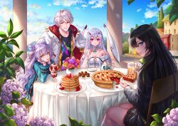 Rule 34 | 1boy, 3girls, alice fiction, back, bare shoulders, black hair, blue hair, blue sky, blush, box (hotpppink), breasts, chair, cleavage, cloud, cup, day, double bun, drink, drinking glass, drinking straw, flower, food, fruit, grin, hair bun, hair ornament, head rest, jacket, kneehighs, long hair, looking at viewer, multiple girls, neu (alice fiction), outdoors, pancake, pancake stack, parfait, pie, plant, pleated skirt, potted plant, purple eyes, purple hair, red eyes, saucer, see-through, sitting, skirt, sky, smile, socks, strawberry, table, tea, teacup, teapot, wavy hair, white hair, white socks, yellow eyes