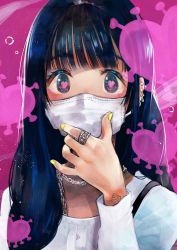 Rule 34 | 1girl, aqua eyes, bag, blue hair, blush, chain necklace, coronavirus pandemic, ear piercing, earrings, heart, heart-shaped pupils, highres, jewelry, long hair, looking at viewer, mask, mouth mask, nail polish, necklace, original, piercing, portrait, rainys bill, ring, solo, surgical mask, sweater, symbol-shaped pupils, tattoo, virus, white sweater, yellow nails