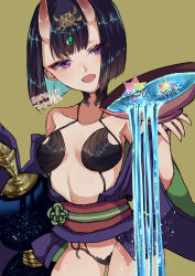 Rule 34 | 1girl, alcohol, artist request, bare shoulders, blush, bob cut, breasts, collarbone, cup, dated, eyeliner, fangs, fate/grand order, fate (series), gourd, green background, headpiece, highres, horns, japanese clothes, kimono, long sleeves, looking at viewer, makeup, obi, off shoulder, oni, open mouth, pouring, purple eyes, purple hair, purple kimono, revealing clothes, saint quartz (fate), sakazuki, sake, sash, short hair, shuten douji (fate), skin-covered horns, small breasts, smile, wide sleeves