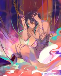 Rule 34 | 10juu, 1boy, arm tattoo, banner, black hair, bound, chain, closed mouth, cloud, crying, crying with eyes open, egasumi, genshin impact, green hair, hands on own head, highres, long hair, looking at viewer, male focus, multicolored hair, nude, parted bangs, slit pupils, solo, tagme, tattoo, tears, xiao (genshin impact), yellow eyes