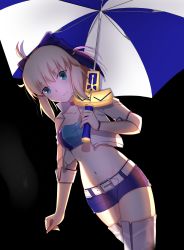 Rule 34 | 1girl, ahoge, artoria pendragon (all), artoria pendragon (fate), bandeau, black background, blonde hair, blue ribbon, cropped jacket, fate/grand order, fate (series), green eyes, groin, hair ribbon, highres, looking at viewer, midriff, official alternate costume, ponytail, race queen, ribbon, saber (fate), saber (type-moon racing) (fate), short shorts, shorts, smile, solo, thighhighs, thighs, type-moon, umbrella, xue fengzi