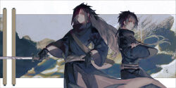 Rule 34 | 2boys, belt, black gloves, black hair, black robe, brown belt, closed mouth, crossed arms, gloves, hair over one eye, highres, holding, holding sword, holding weapon, letterboxed, long hair, long sleeves, looking at viewer, male focus, multicolored background, multiple boys, naruto, naruto (series), outside border, red eyes, robe, scroll, scroll background, serious, short hair, standing, sword, uchiha izuna, uchiha madara, weapon, wide sleeves, ylan tu
