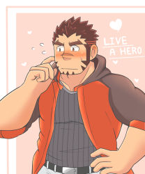 Rule 34 | 1boy, akashi (live a hero), bara, blush, cowboy shot, embarrassed, facial hair, finger to cheek, genki (gen2 genki), goatee, gradient hair, highres, hood, hood down, hooded jacket, jacket, live a hero, long sideburns, looking to the side, male focus, multicolored hair, muscular, muscular male, official alternate costume, open clothes, open jacket, pectorals, red eyes, red hair, scar, scar on face, scar on nose, shirt, short hair, sideburns, solo, striped clothes, striped shirt, thick eyebrows