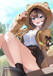 1girl :d absurdres animal_ears blue_eyes brown_hair brown_skirt chain chain_necklace claw_pose day fang hair_between_eyes highres hololive hood hooded_jacket jacket jewelry lion_ears lion_hood mi_ke0224 miniskirt nail_polish natsuiro_matsuri necklace open_mouth panties pantyshot plaid_clothes plaid_skirt pleated_skirt shirt shirt_tucked_in short_hair sitting skin_fang skirt smile solo thighs underwear virtual_youtuber white_panties white_shirt yellow_jacket