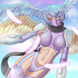 Rule 34 | 00s, 1girl, aqua eyes, aqua hair, artist request, ass, blue sky, breasts, claws, curvy, digimon, elbow gloves, eyelashes, feathers, female focus, gauntlets, gloves, harpy, head wings, high collar, highleg, highleg panties, highres, large breasts, mask, midriff, monster girl, navel, panties, revealing clothes, shiny skin, shutumon, sky, thighhighs, thong, underwear, wide hips, wings