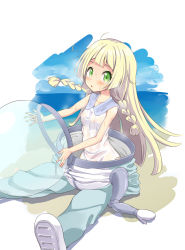 Rule 34 | 1girl, blonde hair, braid, breasts, clueless, covered erect nipples, creatures (company), diving suit, dress, game freak, green eyes, highres, lillie (pokemon), long hair, nintendo, nipples, open mouth, pokemon, pokemon (anime), pokemon sm (anime), see-through, sitting, sleeveless, sleeveless dress, small breasts, solo, sweat, tenjou ryuka, twin braids, wet, wet clothes, white dress