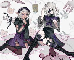 Rule 34 | 2boys, androgynous, bags under eyes, black eyes, black footwear, bleeding, blood, blood on face, blood on hands, book, boots, bow, cross-laced footwear, cuts, dark-skinned male, dark skin, dungeon meshi, elf, eyepatch, fork, goat, grey hair, hair bow, highres, injury, jirai kei, knee boots, knife, lace-up boots, long hair, long sleeves, looking at viewer, male focus, mithrun, multiple boys, notched ear, one eye covered, plate, pointy ears, puffy sleeves, purple eyes, shirt, skirt, spoon, suspenders, thighhighs, thistle (dungeon meshi), white hair, winged lion (dungeon meshi), wo yao chifan