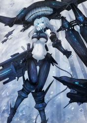 Rule 34 | 10s, 1girl, abyssal ship, blue eyes, bodysuit, gloves, glowing, glowing eyes, hat, kantai collection, pale skin, silver hair, solo, sumisu (mondo), thigh gap, wo-class aircraft carrier