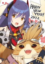 Rule 34 | 1boy, 1girl, 2022, :d, :o, android, blue hair, breasts, commentary request, happy new year, highres, kinagi (3307377), long hair, looking at viewer, new year, open mouth, poppi (xenoblade), poppi qtpi (xenoblade), smile, tora (xenoblade 2), xenoblade chronicles (series), xenoblade chronicles 2, yellow eyes