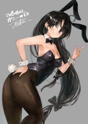 Rule 34 | 1girl, alternate costume, animal ears, ass, black bow, black hair, blush, bow, breasts, brown eyes, closed mouth, dated, fake animal ears, fishnet pantyhose, fishnets, grey background, hair bow, highres, kantai collection, long hair, pantyhose, playboy bunny, rabbit ears, rabbit girl, rabbit tail, shouhou (kancolle), simple background, small breasts, smile, solo, tail, toka (marchlizard), very long hair