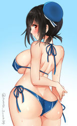 Rule 34 | 10s, 1girl, adapted costume, ass, bikini, black hair, blush, breasts, butt crack, covered erect nipples, curvy, female focus, from behind, gradient background, hat, kantai collection, kuritomo, large breasts, looking at viewer, looking back, red eyes, short hair, side-tie bikini bottom, sideboob, solo, standing, swimsuit, takao (kancolle), twitter username, wide hips