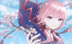Rule 34 | 1girl, blue eyes, blue jacket, blue sky, blunt bangs, blurry, blurry background, branch, cherry blossoms, closed mouth, cloud, commentary, crying, crying with eyes open, falling petals, floating hair, hair over shoulder, half-closed eyes, hand up, highres, holding, holding branch, hood, hood down, hooded jacket, jacket, kaf (kamitsubaki studio), kamitsubaki studio, light blush, looking at viewer, low twintails, medium hair, multicolored eyes, petals, pink hair, portrait, raised eyebrows, red eyes, ria (rian 0210), shirt, sky, smile, solo, tears, turtleneck, twintails, virtual youtuber, white shirt, yellow pupils