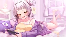 Rule 34 | 1girl, :d, bare legs, bare shoulders, barefoot, blush, cardigan, full body, grey hair, hair bun, handheld game console, highres, holding, holding handheld game console, hololive, indoors, long hair, long sleeves, looking at viewer, lying, monitor, murasaki shion, nail polish, namagome negi, nintendo switch, off shoulder, official art, on bed, on stomach, open cardigan, open clothes, open mouth, purple cardigan, purple nails, shiokko (murasaki shion), single side bun, smile, solo, spaghetti strap, the pose, virtual youtuber, yellow eyes, youtube creator award
