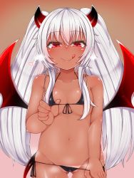 Rule 34 | 1girl, :q, bare arms, bare shoulders, big hair, bikini, bikini pull, bikini tan, black bikini, blush, body blush, breath, closed mouth, clothes pull, collarbone, commentary request, covered clitoris, cowboy shot, dark persona, demon girl, demon horns, demon tail, demon wings, dot nose, evo grim, eyelashes, eyes visible through hair, fingernails, flat chest, front-tie bikini top, front-tie top, gluteal fold, grim aloe, groin, half-closed eyes, hand under clothes, hand under swimsuit, heart, highres, horns, long hair, looking at viewer, low wings, lowleg, lowleg bikini, micro bikini, navel, negationtenmaru, nose blush, outdoors, partially visible vulva, petite, pussy juice, quiz magic academy, raised eyebrows, red eyes, red sky, shiny clothes, shiny skin, side-tie bikini bottom, sidelocks, sky, slit pupils, smile, solo, standing, string bikini, sunset, swimsuit, tail, tan, tanline, thigh gap, tongue, tongue out, very long hair, wavy hair, white hair, wings