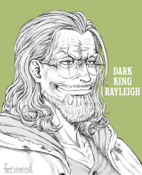 Rule 34 | 1boy, artist name, beard, character name, closed mouth, commentary, english commentary, english text, facial hair, feriowind, glasses, male focus, medium hair, mustache stubble, one piece, round eyewear, scar, scar across eye, scar on face, silvers rayleigh, smile, solo, stubble, white hair