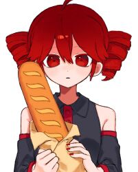 1girl ahoge bag baguette bare_shoulders black_skirt bread collared_shirt detached_sleeves double-parted_bangs drill_hair fingernails flat_chest food hair_between_eyes highres holding holding_food kasane_teto nail_polish open_mouth paper_bag red_eyes red_hair red_nails red_trim shirt simple_background skirt sleeveless sleeveless_shirt sleeves_past_elbows solo straight-on twin_drills upper_body utau waguwagu090908 white_background wing_collar