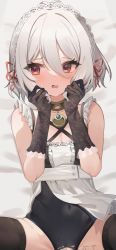 Rule 34 | 1girl, absurdres, amrita (amber78gou), antenna hair, apron, bed sheet, black gloves, black leotard, black thighhighs, blush, body writing, breasts, covered navel, cygames, elf, frilled apron, frills, gloves, groin, hair between eyes, hair ornament, hair ribbon, highres, holding, holding own hair, implied sex, jewelry, kokkoro (princess connect!), lace, lace-trimmed gloves, lace-trimmed legwear, lace trim, leotard, looking to the side, lying, maid, maid headdress, necklace, on back, on bed, open mouth, pointy ears, princess connect!, red eyes, red ribbon, ribbon, short hair, sidelocks, silver hair, skindentation, small breasts, solo, spread legs, sweat, thighhighs, torn clothes, torn leotard, white apron
