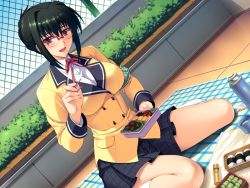 Rule 34 | 1girl, bento, black hair, blush, breasts, character request, chopsticks, copyright request, food, game cg, glasses, ishigaki takashi, large breasts, looking at viewer, open mouth, outdoors, purple eyes, school uniform, short hair, sitting, skirt, smile, socks, solo, sushi, thighhighs