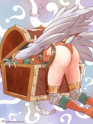 Rule 34 | 1girl, ?, angel wings, ass, blonde hair, boots, breath of fire, breath of fire i, feathered wings, feet out of frame, gloves, hamamuraacca, highres, knee boots, leotard, nina (breath of fire i), red leotard, short hair, solo, thighhighs, treasure chest, twitter username, white wings, wings