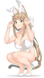 Rule 34 | 1girl, absurdres, animal ear fluff, animal ears, arukiru, bare legs, bare shoulders, breasts, brown hair, cat ears, cat girl, cat tail, cleavage, collarbone, fake animal ears, full body, grey background, highres, large breasts, leotard, long hair, looking at viewer, original, paw pose, playboy bunny, rabbit ears, shoes, simple background, squatting, tail, white footwear, yellow eyes