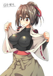 Rule 34 | 10s, 1girl, b-ginga, blush, breasts, brown hair, bug, chestnut mouth, covered erect nipples, highres, impossible clothes, insect, ise (kancolle), kantai collection, ladybug, large breasts, no bra, ponytail, red eyes, short hair, simple background, skin tight, solo, white background