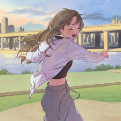 Rule 34 | 1girl, blush, bridge, brown hair, cityscape, closed eyes, cowboy shot, crop top, ddini, highres, hood, hooded jacket, jacket, long hair, navel, open clothes, open jacket, open mouth, original, outdoors, outstretched arms, pants, river, sky, smile, solo, spread arms, track pants, water