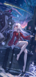 Rule 34 | 1girl, 1other, absurdres, arm rest, bag, barefoot, blush, brick wall, building, clara (honkai: star rail), contrail, day, dress, floating hair, full body, hair between eyes, highres, honkai: star rail, honkai (series), jacket, knee up, legs, long hair, long sleeves, looking to the side, meteor shower, night, night sky, open clothes, open jacket, outdoors, parted lips, red eyes, red jacket, robot, short dress, shoulder bag, sidelocks, signature, simple bird, sitting, sky, snowing, star (sky), svarog (honkai: star rail), thigh strap, thighs, white dress, white hair, yelan xing xuan