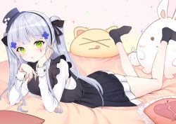 Rule 34 | 1girl, :o, bare legs, black dress, black hat, black ribbon, black socks, blush, breasts, dress, facial mark, frilled dress, frills, girls&#039; frontline, green eyes, hair ribbon, hairband, hands up, hat, head rest, highres, hk416 (black kitty&#039;s gift) (girls&#039; frontline), hk416 (girls&#039; frontline), legs up, long hair, long sleeves, looking at viewer, lying, medium breasts, mini hat, mini top hat, no shoes, official alternate costume, on stomach, parted lips, pillow, pleated dress, ribbon, sidelocks, silver hair, socks, solo, sparkle, stuffed animal, stuffed cat, stuffed rabbit, stuffed toy, thighs, tilted headwear, top hat, topu, two side up