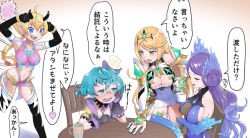 Rule 34 | 4girls, ahoge, bare shoulders, blonde hair, blue eyes, breasts, brighid (xenoblade), chair, cleavage, cleavage cutout, clothing cutout, cup, curly hair, dress, closed eyes, fiery hair, glasses, gloves, green hair, hand on table, hat, holding, holding cup, kora (xenoblade), large breasts, light bulb, long hair, medium breasts, microskirt, multiple girls, mythra (xenoblade), natto soup, nintendo, open mouth, pandoria (xenoblade), pointy ears, purple hair, short hair, sitting, skirt, smile, table, thighhighs, translation request, xenoblade chronicles (series), xenoblade chronicles 2, xenoblade chronicles (series), xenoblade chronicles 2, yellow eyes