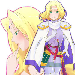 Rule 34 | 1girl, amnelis (guin saga), blonde hair, blush, cape, elbow gloves, gloves, green eyes, guin saga, hand up, looking at viewer, lowres, multiple views, sheath, sheathed, short hair, simple background, somami, sword, weapon, white background, white cape, white gloves