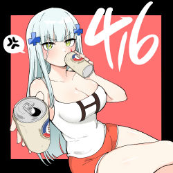 Rule 34 | 1girl, alcohol, anger vein, beer, beer can, blush, breasts, can, character name, cleavage, drink can, drinking, girls&#039; frontline, giving, green eyes, highres, hk416 (girls&#039; frontline), junsuina fujunbutsu, large breasts, long hair, short shorts, shorts, silver hair, solo, speech bubble, spoken anger vein, tank top, tsundere