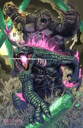 Rule 34 | ape, b.e.a.s.t. glove, brown eyes, cave, claws, crossover, crystal, dinosaur, elbow blade, elbow spikes, electroshock weapon, fangs, gauntlets, giant, giant monster, gills, glowing, glowing eyes, glowing gills, glowing mouth, godzilla, godzilla (monsterverse), godzilla (series), godzilla evolved, godzilla x kong: the new empire, gorilla, highres, kaijuu, king kong, king kong (series), kong (monsterverse), legendary pictures, matt frank, monster, monsterverse, mountain, muscular, muscular male, no humans, open mouth, orange eyes, pectorals, pink eyes, red eyes, scar, scar on chest, scar on stomach, sea monster, sharp teeth, spiked tail, spikes, tail, teeth, toho, tongue, underground, warner bros, weapon