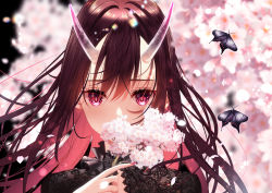 Rule 34 | 1girl, absurdres, black butterfly, blurry, blurry background, blush, branch, brown hair, bug, butterfly, cherry blossoms, close-up, commentary request, covering own mouth, depth of field, dress, eyes visible through hair, flower, hair between eyes, highres, holding, holding branch, horns, huge filesize, insect, ktm, lace, lace-trimmed dress, lace trim, lens flare, looking at viewer, nail polish, oni, oni horns, original, petals, pink eyes, pink hair, pink nails, portrait, solo