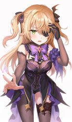Rule 34 | 1girl, absurdres, bare shoulders, black thighhighs, blonde hair, blush, bodystocking, bow, breasts, dress, eyepatch, fischl (genshin impact), garter straps, genshin impact, gloves, green eyes, hair ornament, hair over one eye, hair ribbon, hand up, highres, long hair, looking at viewer, open mouth, ribbon, single thighhigh, small breasts, solo, thighhighs, tokkyu, two side up