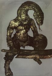 Rule 34 | dark souls (series), dark souls i, from software, highres, no humans, official art, scales, scan, serpent soldier, shield, snake, sword, weapon