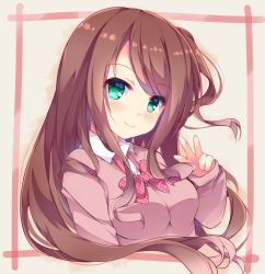 Rule 34 | 1girl, akabane youko, blush, bow, bowtie, breasts, brown hair, cardigan, closed mouth, collared shirt, commentary request, fang, fang out, fuuna, green eyes, long hair, long sleeves, medium breasts, nijisanji, one side up, pink bow, pink bowtie, pink cardigan, plaid, plaid bow, plaid bowtie, plaid neckwear, shirt, sleeves past wrists, smile, solo, very long hair, virtual youtuber, w, white shirt