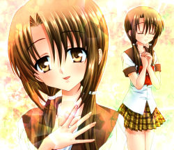 Rule 34 | 10s, 1girl, brown hair, closed eyes, hand on own chest, hiramatsu taeko, kore wa zombie desu ka?, long hair, open mouth, own hands clasped, own hands together, plaid, plaid skirt, portrait, sachiko, school uniform, skirt, smile, twintails