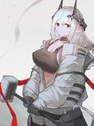 Rule 34 | 1girl, absurdres, arknights, black gloves, black sports bra, bodysuit, breasts, cleavage, closed mouth, elite ii (arknights), gloves, hammer, highres, holding, holding hammer, holding weapon, horns, infection monitor (arknights), large breasts, lletrep, long hair, mudrock (arknights), mudrock (elite ii) (arknights), open bodysuit, open clothes, pointy ears, red eyes, solo, sports bra, weapon, white bodysuit, white hair
