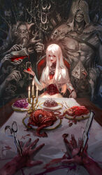 Rule 34 | 1girl, 2boys, absurdres, animal, blood, brain, bug, candle, celestial fang, chain, chair, closed mouth, corset, creature, cup, dress, drinking glass, food, glass, highres, holding, holding cup, horror (theme), impaled, knife, long hair, long sleeves, looking at viewer, multiple boys, muscular, muscular male, octopus, original, plate, red eyes, red lips, scissors, sharp teeth, sitting, skull, smile, table, teeth, white dress, white hair, wine glass