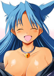 Rule 34 | 1girl, ^ ^, bad id, bad pixiv id, bare shoulders, bell, blue hair, blush, breasts, cleavage, closed eyes, collar, collarbone, closed eyes, face, female focus, happy, japanese clothes, jewelry, jingle bell, kojou, large breasts, long hair, necklace, off shoulder, open mouth, rance (series), sengoku rance, smile, solo, suzume (rance)