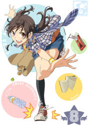 Rule 34 | 1girl, aoi sora (pairan), bag, black hair, book, bottle, brown eyes, brown hair, denim, denim skirt, food, highres, open mouth, original, outstretched arms, pairan, pocky, round teeth, shoulder bag, skirt, smile, solo, spread arms, standing, standing on one leg, teeth, twintails, water bottle, wristband