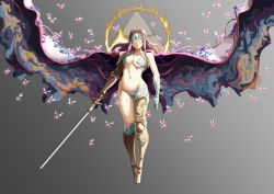 Rule 34 | 1girl, automatic giraffe, breasts, brown hair, closed eyes, covered erect nipples, elden ring, fairy, full body, gradient background, great rune (elden ring), grey background, holding, holding sword, holding weapon, long hair, malenia blade of miquella, malenia goddess of rot, medium breasts, navel, nintendo, nude, pointy ears, princess zelda, prosthesis, prosthetic arm, prosthetic leg, solo, sword, the legend of zelda, the legend of zelda: twilight princess, triforce, weapon