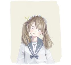 Rule 34 | 1girl, brown hair, closed mouth, commentary, crying, english commentary, closed eyes, fairyapple, flower, long sleeves, medium hair, original, school uniform, serafuku, shirt, simple background, solo, tears, twintails, upper body, white shirt
