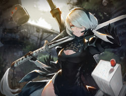 Rule 34 | 1girl, black dress, black hair, black hairband, blue eyes, breasts, cleavage, cleavage cutout, closed mouth, clothing cutout, dress, feather trim, gloves, grey hair, hair over one eye, hairband, holding, holding sword, holding weapon, juliet sleeves, katana, large breasts, long sleeves, looking at viewer, mole, mole under mouth, nier (series), nier:automata, no blindfold, puffy sleeves, short hair, sword, thighs, vambraces, virtuous contract, weapon, xleontan, 2b (nier:automata)