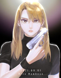 Rule 34 | 1girl, absurdres, black background, black shirt, blonde hair, breasts, brown eyes, character name, dated, earrings, eyelashes, fingernails, fullmetal alchemist, glint, gun, hair between eyes, hand up, handgun, highres, holding, holding gun, holding weapon, jewelry, lips, long hair, looking at viewer, ozaki (tsukiko3), parted lips, riza hawkeye, shirt, short sleeves, solo, straight hair, stud earrings, tight clothes, tight shirt, trigger discipline, turtleneck, upper body, weapon, wristband
