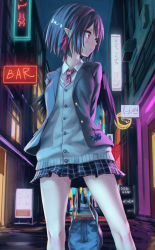 Rule 34 | 1girl, alternate costume, arms behind back, bag, black hair, black jacket, black skirt, black wings, blazer, blush, breasts, city, commentary request, contemporary, feathered wings, feet out of frame, grey vest, hair ribbon, highres, holding, holding bag, jacket, long sleeves, looking to the side, medium breasts, miniskirt, necktie, night, night sky, no headwear, open clothes, open jacket, outdoors, plaid, plaid skirt, pleated skirt, pointy ears, red eyes, red necktie, red ribbon, ribbon, roke (taikodon), school uniform, shameimaru aya, shirt, short hair, skirt, sky, solo, standing, sweater vest, thighs, touhou, vest, white shirt, wing collar, wings