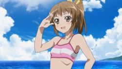 Rule 34 | 1girl, :d, bikini, blush, brown eyes, brown hair, haiyore! nyaruko-san, kurei tamao, open mouth, ponytail, smile, swimsuit